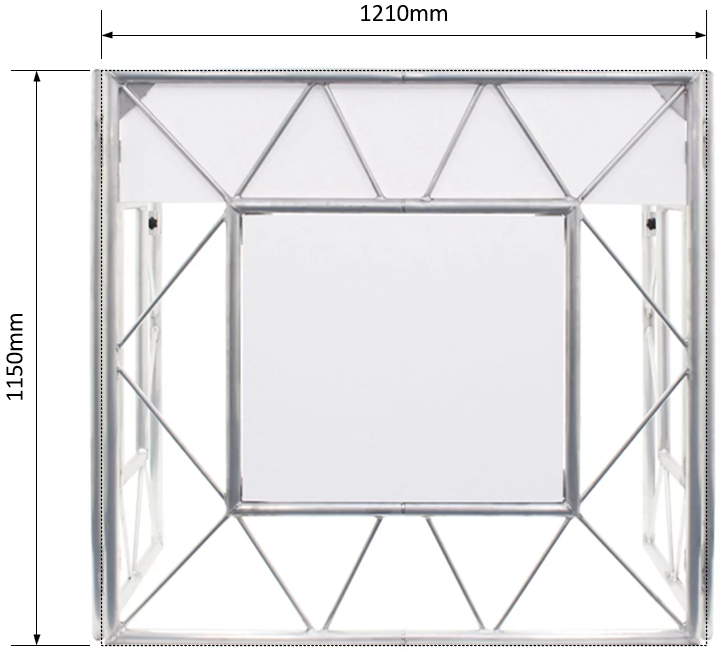 This is the DJ Booth that is being worked with. It's very plain! The dimensions we are concerned with here are the dimensions of the front part of the truss, which is W: 1210mm H: 1150mm - shown by the dotted line. The dimensions of the sides are irrelevant. Truss DJ Booth